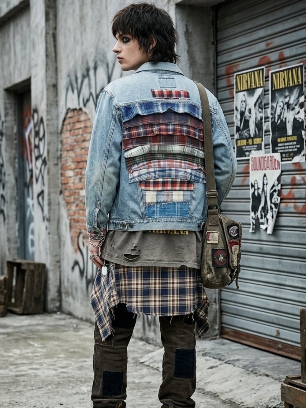 Upcycled plaid patched distressed vintage jean jacket